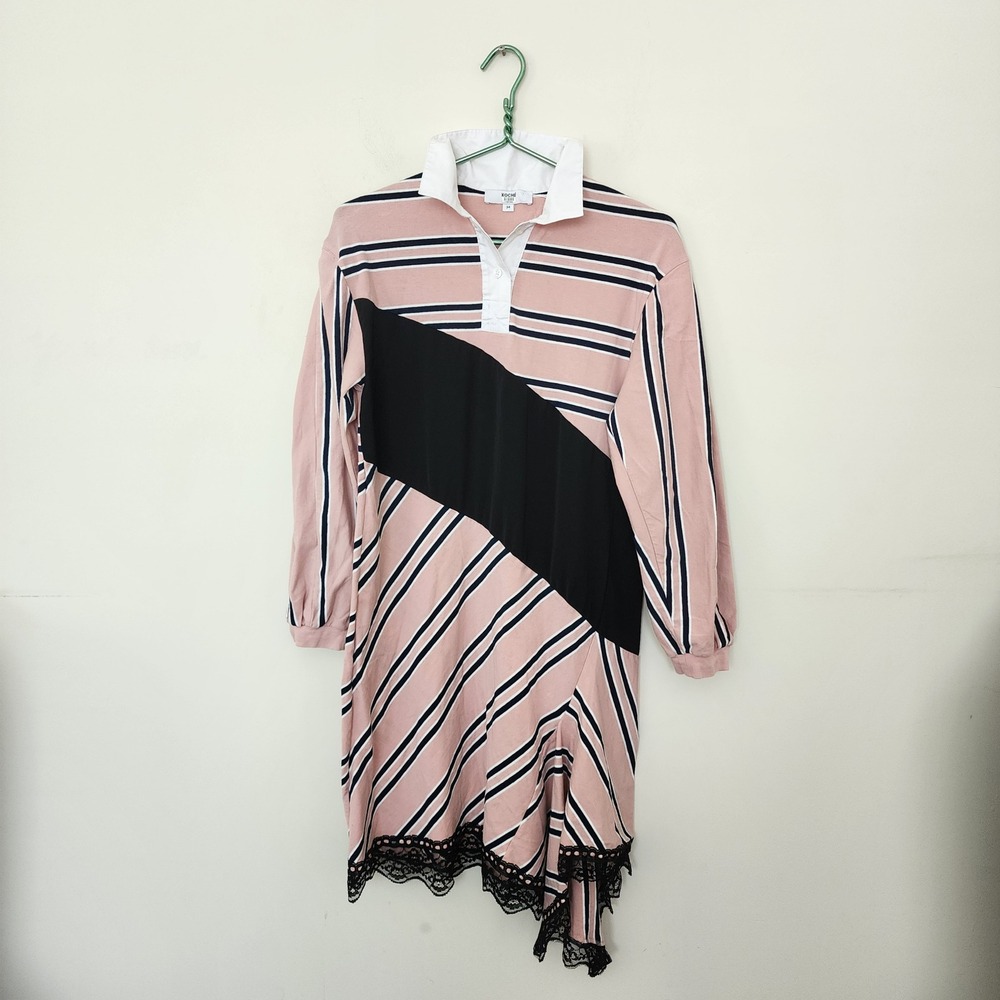 Koche Pink Striped Deconstructed Rugby Dress Lace Trim Asymmetrical Size 34